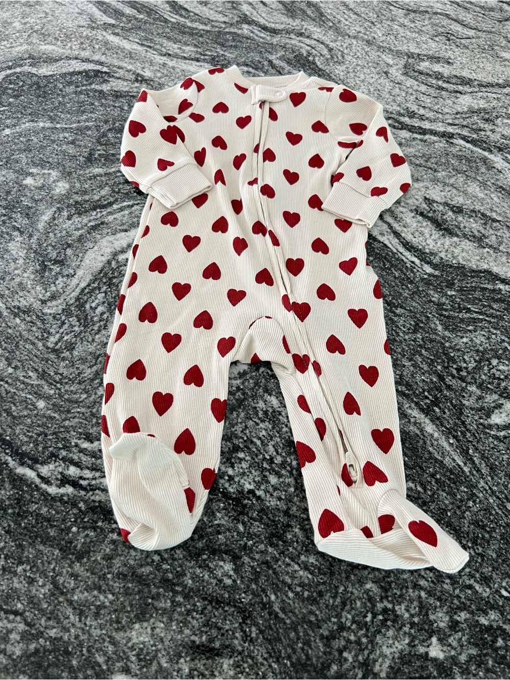 Cream Footed One-Piece with Red Heart Print